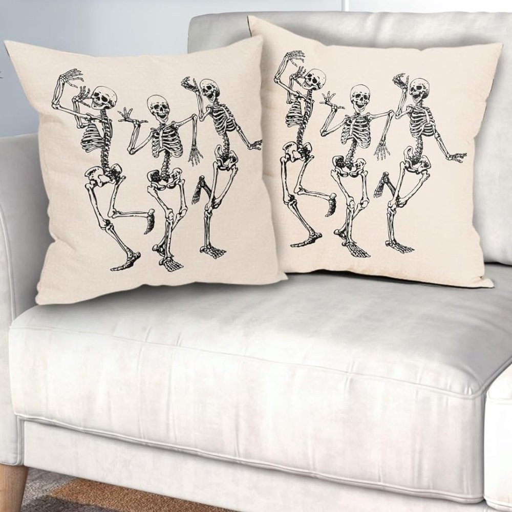 Set of 2 Ivory Black Dancing Skeletons Pillow Covers Goth Skeleton Throw Pillows